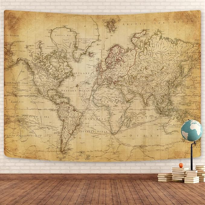 GOAOK Retro Old World Map Tapestry, Historical Atlas Educational Wall Hanging, Brown, 80x60 Inch