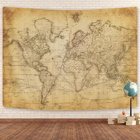 GOAOK Retro Old World Map Tapestry, Historical Atlas Educational Wall Hanging, Brown, 80x60 Inch