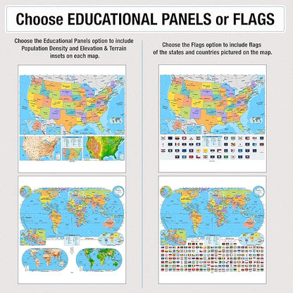 US & World Primary Laminated Classroom Map Pack by BrightWay Educational | 36" x 30" Educational Wall Maps | Grades 1-5 | Bright Colors & Large Fonts | Geographical Features | National Capitals & Major Cities (With Educational Panels)