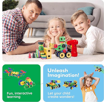 PicassoTiles 201pc STEM Learning Block Construction Kit with Power Drill and Clickable Ratchet Educational Engineering Toy Set Kids Age 3 Plus Preschool Activity Creative Play with Idea Book PTN201