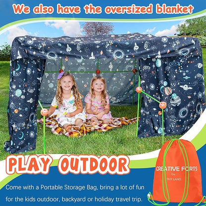 Tiny Land Kids-Fort-Building-Kit-80 Pieces-Creative Fort Toy for 5,6,7,8 Years Old Boy & Girls-STEM Building Toys DIY Castles Tunnels Play Tent Rocket Tower Indoor & Outdoor Playhouse