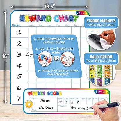 Large Magnetic Reward Chart for Kids - 127 Pre-Written Stickers (Including Potty Training) + 30 Customizable Chores - Behavior, Responsibility & Incentive Routine Star Chart for Fridge (1 Kid Version)