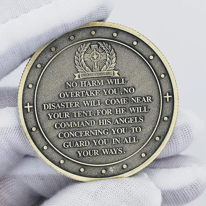Archangel Michael Challenge Coin Religious Art Collectible with Inspirational Scripture Psalm 91:10 – 11 (Single Coin)