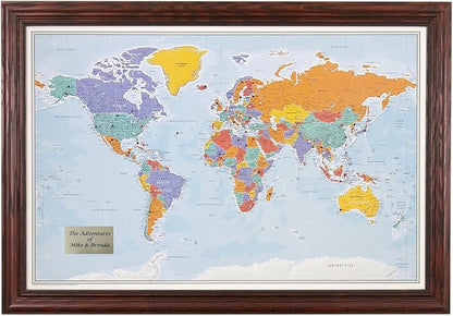 Push Pin Travel Maps - Customizable Blue Oceans World with Solid Wood Cherry Frame- 27.5" x 39.5" - 8 Handcrafted Frame Options - Made in USA - Ideal for Adventurous Travelers