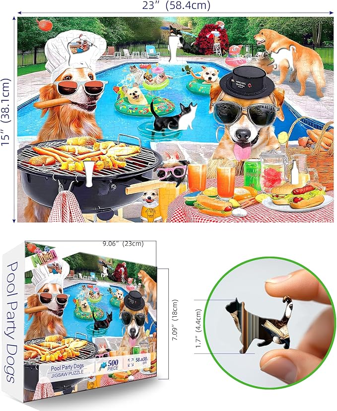 Dog Pool Party Puzzle for Adults 500 Piece Summer Funny Animal BBQ Jigsaw Puzzles with Letters on Back Unique Fun Family ChallengingPuzzles for Seniors Family (23"x15")