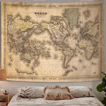 GOAOK Retro Old World Map, Vintage Map Asian Northern European Topography Earth Educational Tapestry for Classroom, Brown Adventure Travel World Map Office Wall Art 40"X30