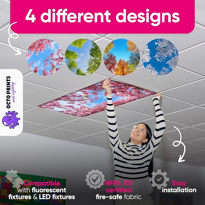Fluorescent Light Covers for Ceiling Lights - 4 Seasons Magnetic Cover for Fluorescent Or LED Fixture - Must Haves Teacher Supplies - Classroom, Home, Office Cubicle Decor - Filters Overhead Lighting