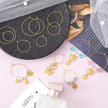 Pndeyo 120pcs Hypoallergenic Earring Beading Hoops, 20mm 25mm 30mm 35mm Round Hoop Earrings Findings, Open Earring Wire Ring Accessories for Jewelry Making- Gold