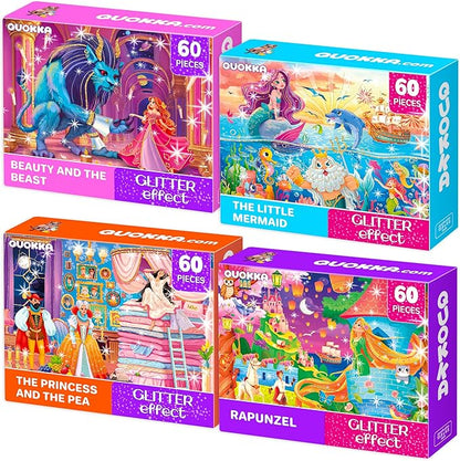 QUOKKA Puzzles for Kids Ages 4-6 – 4-Pack 60-Piece Puzzles for Kids – Fairy Tale Jigsaw Puzzle Set with Princess – Quiet Time Toys for Preschoolers – FSC Certified Learning Toy – Gift for 5 Year Olds