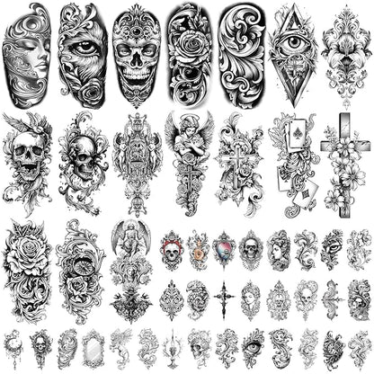 Temporary Tattoos for Adults, 47 Sheets Baroque Religious Flower Skull Designs Fake Tattoos, 17 Half Arm tat and 30 Small temp Tattoos