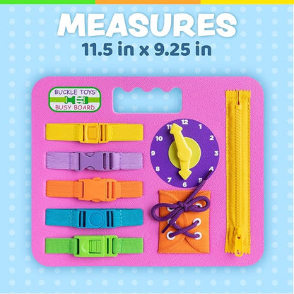 Buckle Toys Busy Board - Montessori Learning Toy for Toddlers - Foam Sensory Board - Develop Fine Motor Skills - Pink