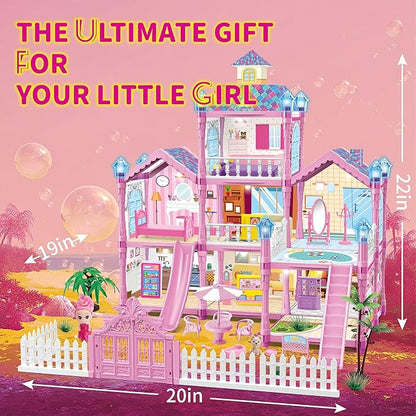 Dollhouse for Girl with 1 Princess, 3 Floors -8 Rooms, 216 Accessories Includes Dog and Furnitures, Design and Build Gift for 3 4 5 6 7 8+ Year Old Girls (Pink)