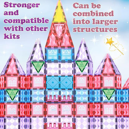 Little Pi 104pcs Frozen Princess Castle Magnetic Tiles Building Blocks - 3D Diamond Blocks, STEM Educational Toddler Toys for Pretend Play, 4 Year Old Girl Birthday Gifts Kids Ages 3 5 6 7 8 - Pink