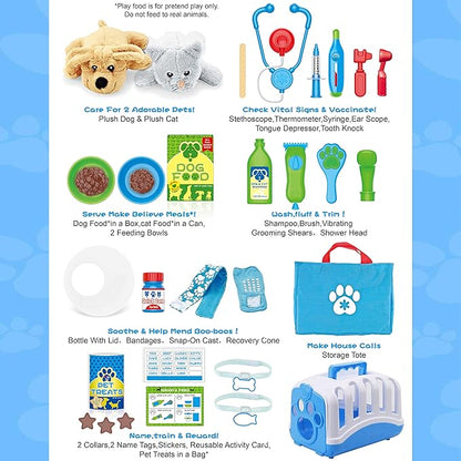 Deluxe Complete Vet Pet Care Play Set | Veterinarian Pretend Doctor Role Play Grooming Toy Kit with Plush Dog & Cat (34 Pcs)