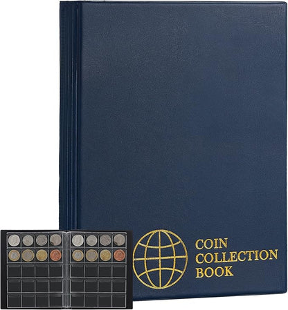 200 Pockets Coin Albums - 1.8x1.8 inch Grid Blue Coin Book 10 Pages Coin Collection Holder Letter Size Coin Storage Book 4.5x4.5 cm Pocket CS0220BL