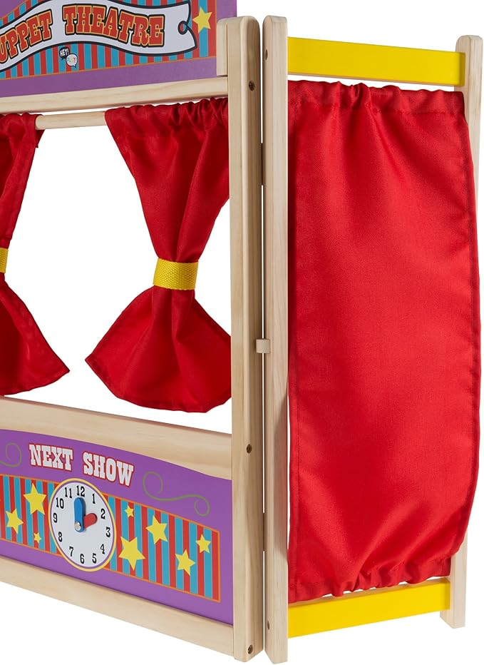 Hey! Play! Wooden Tabletop Puppet Theater with Curtains, Blackboard, and Clock- Inspires Imagination and Creativity for Kids, Boys and Girls