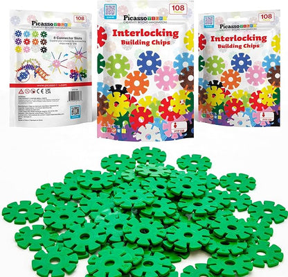 PicassoTiles Building Chip Interlocking Disc Construction Blocks in Green Color STEM Learning Early Education Toy Engineering Playset Child Brain Development for Toddlers Girls Boys Kids Age 3+ PTF108