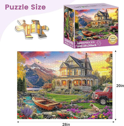 1000 Piece Puzzles for Adults, Autumn Landscape Jigsaw Puzzle, Villa and Dog Jigsaw Puzzles 1000 Pieces, Challenging Game Home Decor Birthday Party Gift Toy for Adults Kids Seniors, 28×20 in