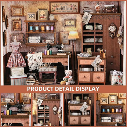 Book Nook Kit - 3D Wooden Puzzle with LED Switch Control & Wall-Mountable Frame，DIY Miniature House for Beginners，Bookshelf/Tabletop/Wall Decor for Craft Lovers，Dollhouse Gift (Lily Sewing Shop)