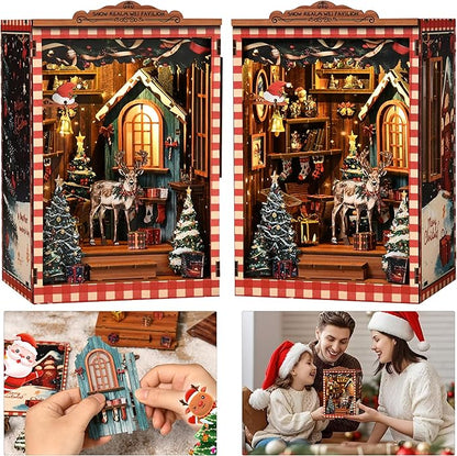 ISSEVE Book Nook Kit, DIY Miniature House Kit for Adults Teen Beginners, Dollhouse Mini Booknook Kits, Tiny House Bookshelf Decoration, 3D Wooden Puzzles Crafts Gifts (Merry Christmas)