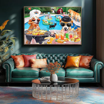 Dog Pool Party Puzzle for Adults 500 Piece Summer Funny Animal BBQ Jigsaw Puzzles with Letters on Back Unique Fun Family ChallengingPuzzles for Seniors Family (23"x15")