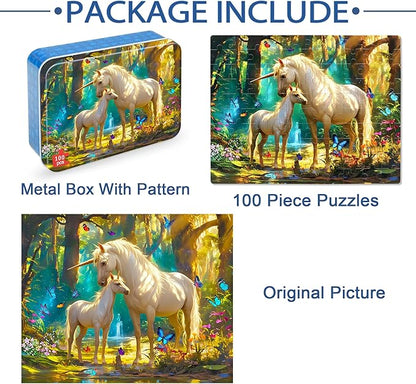 LELEMON Puzzles for Kids Ages 4-6,Unicorn 100 Piece Puzzles for Kids Ages 4-8 in a Metal Box,Educational Jigsaw Puzzles 100 Piece Puzzle Games Puzzle Toys for Girls and Boys