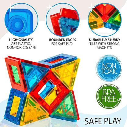 Magnetic Tiles 180 PCS+ Bonus Zippered CASE, Magnetic Tiles for Kids Toy for 3 4 5 6 7 8 Year Old Boys & Girls, Great Gift for Kids Aged 3-8, XL Set
