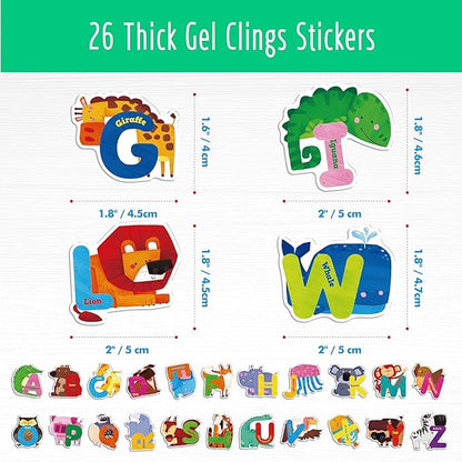26PCS Alphabet Animal Jelly Stickers, Thick Window Door Clings Removable Reusable Letter Gel Clings Decals for Kids Toddlers Adults Home Classroom Animal Theme Party Supplies Decors (Not Edible)