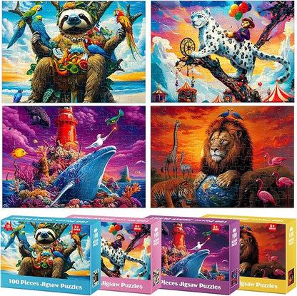 100 Piece Puzzles for Kids Ages 4-6 6-8 - Fantastic Creatures Collection Puzzle for Kids Ages 8-10 Large Piece Puzzles for Seniors Adults Jigsaw Puzzles Educational Gifts for Girls Boys Toys 4 Packs