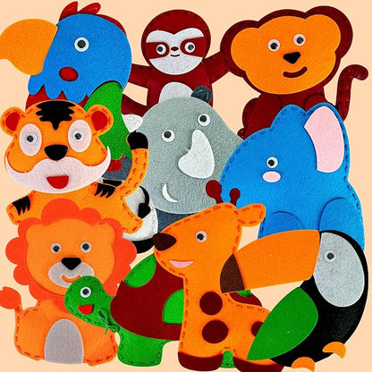 QUOKKA Kids Crafts Ages 4-8, DIY Beginner Needle and Thread Kit - 12 Wild Animals Sewing Kit Basic - Fun Arts Crafts for Kids Ages 6-8 Girls Boys - Plastic Needles, Scissors - 6+ Year Old Girl Gifts