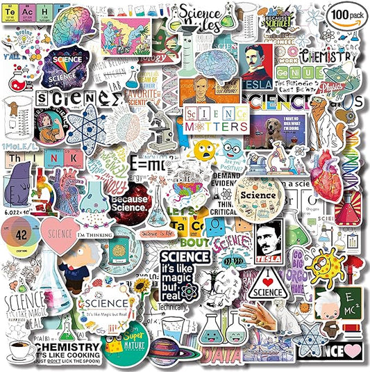 Aowplc 100 Pcs Natural Sciences Stickers Pack, Physics, Chemistry, Biology Experiment Vinyl Stickers, Student Science Laboratory Decals for Laptop, Water Bottle, Notebook, Luggage, Computer Decor
