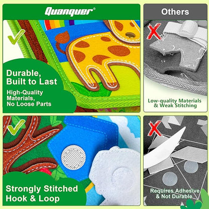Quanquer Animal Busy Book for Toddlers 1-3 - Montessori Sensory Felt Activity Book for 1 Year Old Boys and Girls, Educational Travel Toy for Airplane Car, Christmas Birthday Gifts for Toddlers