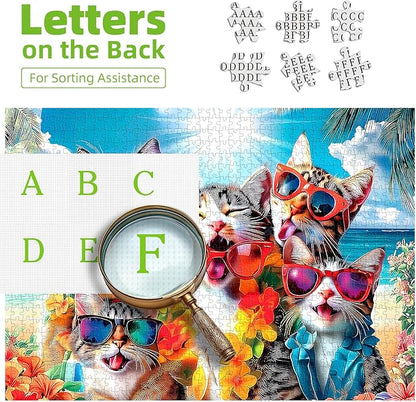 500 Piece Funny Cat Jigsaw Puzzle for Adults - 23x15 Inch Beach Party with Sunglasses & Leis, Unique Fun Puzzles for Home Decor & Gift