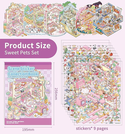 Sticker Book, 6 Sets DIY 3D House Stickers, Fun DIY Stickers Scene Make Your Own Mini House Cute Cartoon Animal Scene Sticker for Kids Adult Sticker Art Relief Stress Pass The Time