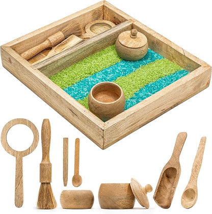 Wooden Sensory Play Bin Set – Montessori Fine Motor & Tactile Exploration Kit with Wooden Tools, Natural Mango Wood