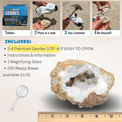 Break Your Own XL Geodes Kit for Kids – 3–4 Large Natural Crystal Geodes (3.5–4.5”) with Magnifying Glass & Learning Guide – STEM Science Rock Kit – Gift-Ready Educational Set for Kids Ages 6–12