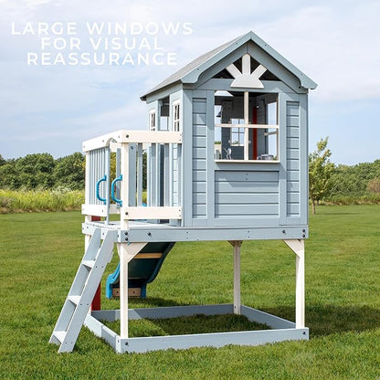 Backyard Discovery Beacon Heights Elevated Cedar Wooden Kids Playhouse with Wave Slide, Play Kitchen, Wrap-Around Deck, Flat-Step Ladder, Half Door, Windows, Bell, and Growth Chart for Outdoor Play