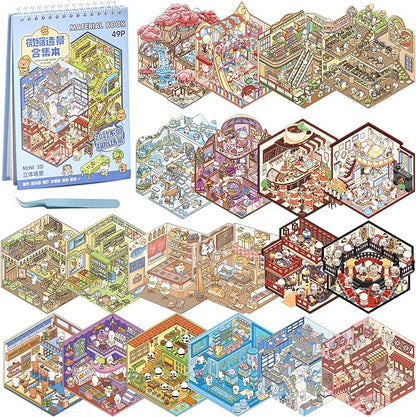 20 Sets DIY 3D Sticker Scene Book,Cute Cartoon Animal Isometric Scene,DIY 3D House Stickers Set,Sticker Therapy for Adults Kids,Conduce to Relief Stress Pass The Time,Christmas Gifts for Kids