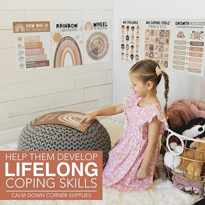 Hadley Designs 9 Calming Corner Posters For Classroom Must Haves For Teachers - 11x14 Calm Down Corner Supplies, Feelings Chart For Kids Ages 4-8, Feelings Wheel Poster, Boho Classroom Decor