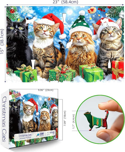 500 Piece Christmas Cats Jigsaw Puzzle for Adults Festive Animal Winter Scene Holiday Puzzle with Letters on Back Vintage Fun Santa Hats Kitten Family Challenging Puzzles Game for Seniors Adults