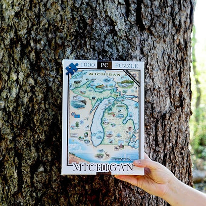 Michigan Map Cardboard Jigsaw Puzzle - 1000 Pieces, Hand-Illustrated - Educational, Family Activity, Ages 7+, Includes Poster - 25.4 x 19.8