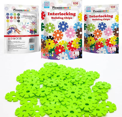 PicassoTiles Building Chips Interlocking Disc Construction Blocks in Light Green Color STEM Learning Early Education Toy Engineering Playset Child Brain Development for Girls Boys Kids Age 3+ PTF108