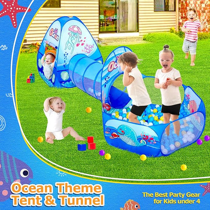 3 in 1 Kids Play Tent with Play Tunnel, Ball Pit, Projection Flashlight for Boys & Girls, Toddler Pop Up Playhouse Toy for Baby Indoor Outdoor