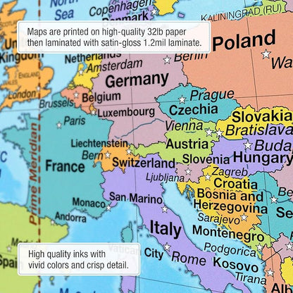 US & World Primary Laminated Classroom Map Pack by BrightWay Educational | 36" x 30" Educational Wall Maps | Grades 1-5 | Bright Colors & Large Fonts | Geographical Features | National Capitals & Major Cities (With Flags)