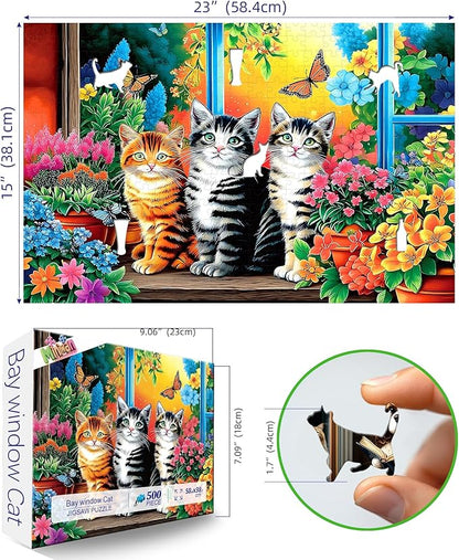 500 Piece Cat Jigsaw Puzzle for Adults - 23x15 Inch Cute Kittens in Garden Window with Butterflies & Flowers, Unique Art Puzzle for Home Decor & Gift