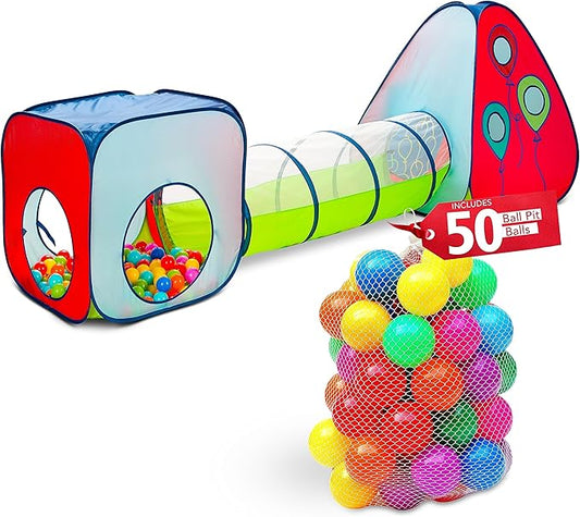 Kiddey 3-in-1 Kids Pop-Up Play Tent, Crawl Tunnel, & Ball Pit Set with 50 Play Balls - 3 Piece Durable Pretend Playhouse Tent for Boys, Girls, Toddlers & Pets - Indoor & Outdoor with Carry Case