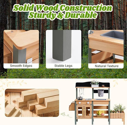 ROBOTIME Mud Kitchen for Kids Outdoor, Wood Outdoor Kitchen with Insect Observation Box & Planter Box, Toddler Play Kitchen with Removable Sink & Faucet, Pretend Outdoor Playset for Garden Fun