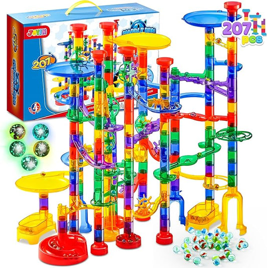 JOYIN 207Pcs Glowing Marble Run, Construction Building Blocks Toys with 5 Glow in The Dark, STEM Toy for Boys and Girls, Educational Toy, Gift for Christmas(147 Plastic Pieces + 60 Glass Marbles)