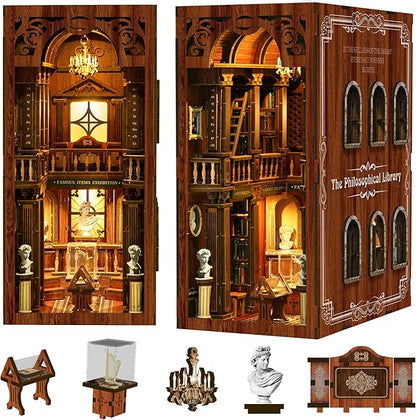 ISSEVE Book Nook Kit, DIY 3D Wooden Puzzle Dollhouse Booknook for Adults, Tiny Miniature House Kit Bookshelf Decor, Halloween for Crafts Book Lovers (Library of Philosophical)