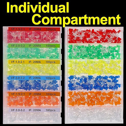 EEEEE 600pcs 6 Colors 5mm LED Diode Assortment LED Light Kit Box Multi Colored mini LEDs White Red Yellow Orange Green Blue Light Emitting lamp Flashing diodes Components Parts ledlights Circuit